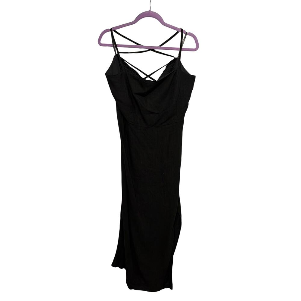 Eloquii Black Linen Blend Open Back Strappy Slide Slit Summer Maxi Dress 22